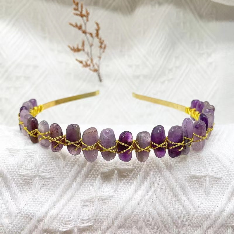 Artisan-Crafted Gold Wire Headband with Natural Crystal Gemstones