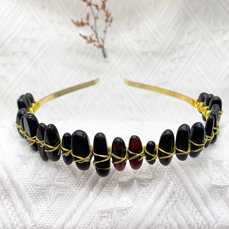 Artisan-Crafted Gold Wire Headband with Natural Crystal Gemstones