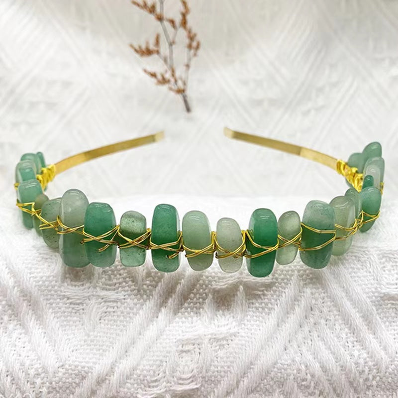 Artisan-Crafted Gold Wire Headband with Natural Crystal Gemstones