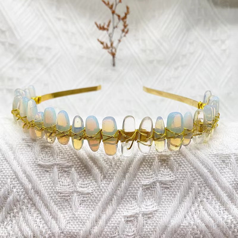 Artisan-Crafted Gold Wire Headband with Natural Crystal Gemstones