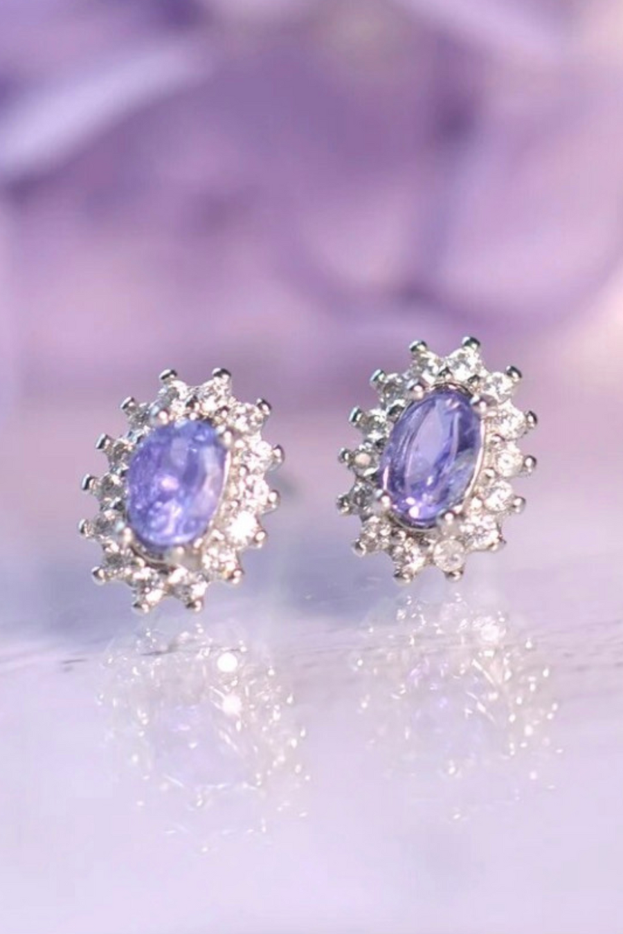 Sterling Silver Tanzanite Gemstone Stud Zircon Earrings