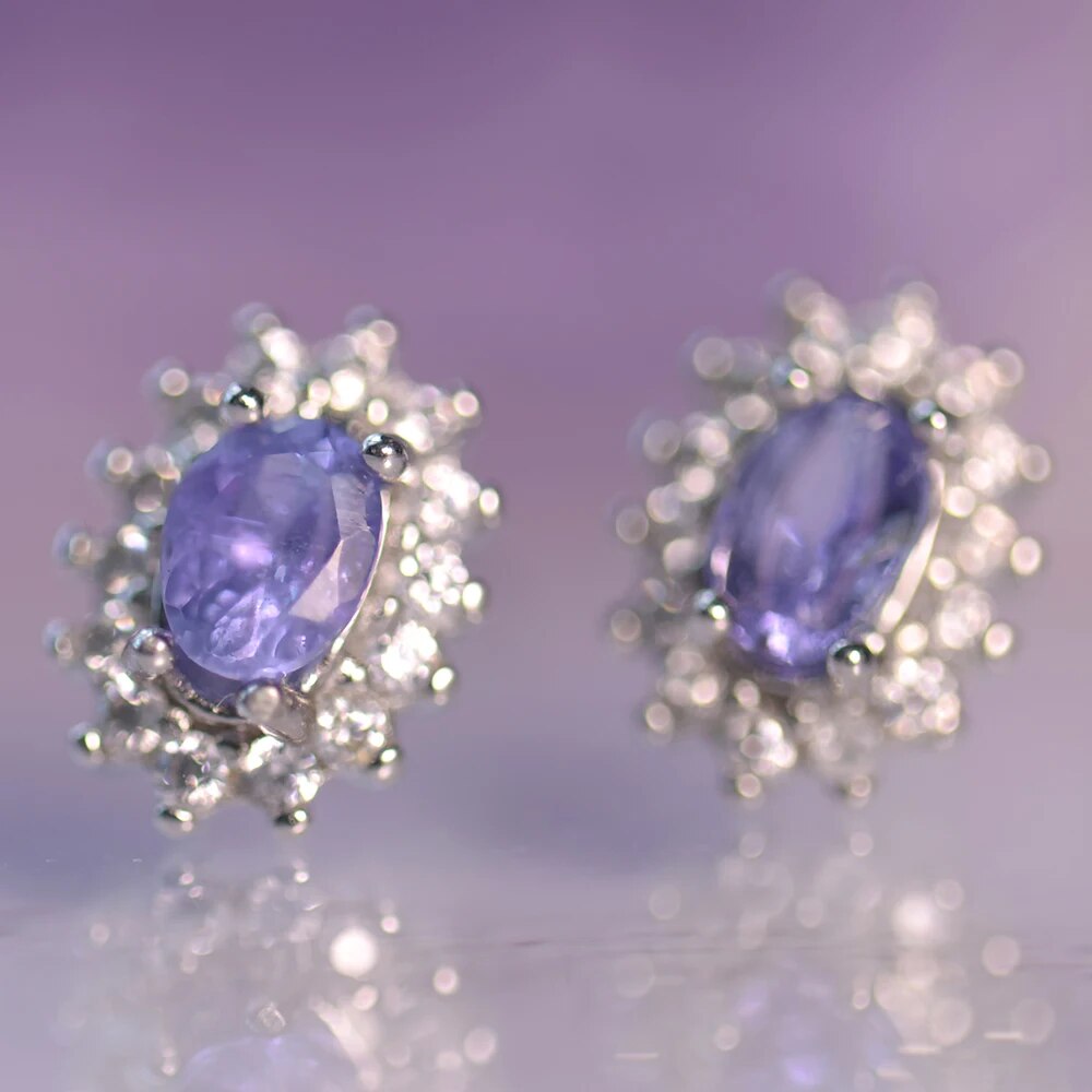 Sterling Silver Tanzanite Gemstone Stud Zircon Earrings