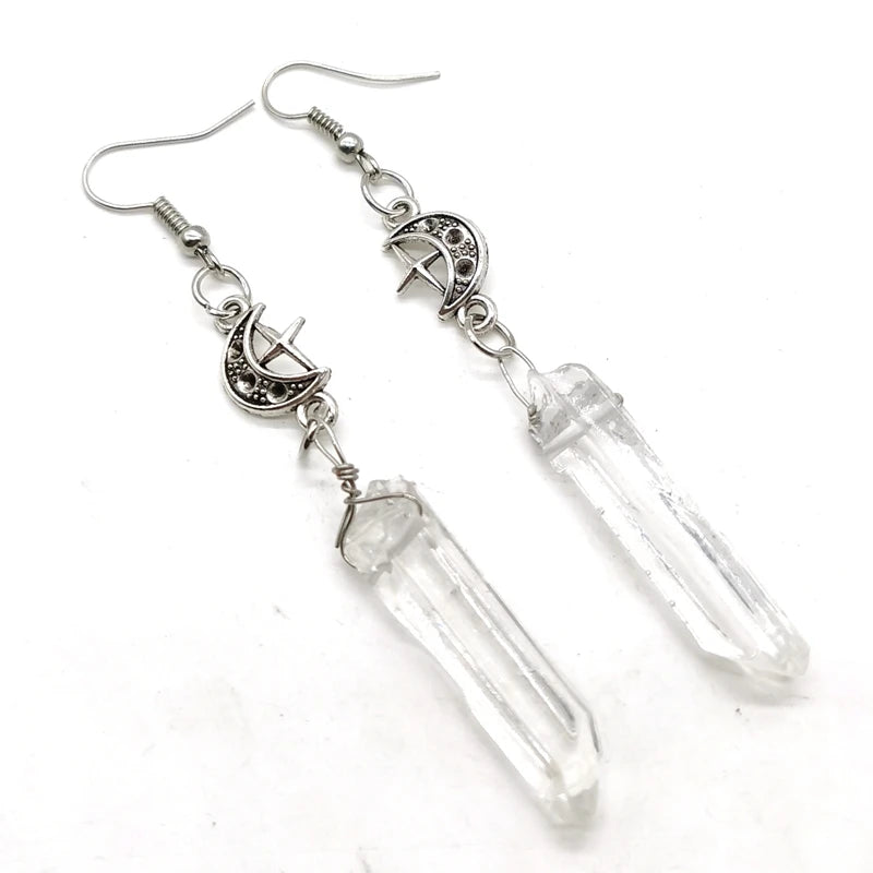 Gothic Clear Quartz Moon Earrings