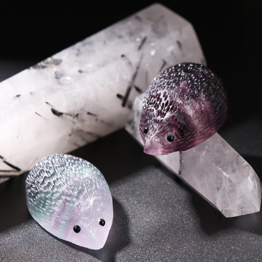 Natural Rainbow Fluorite Hedgehog Carving