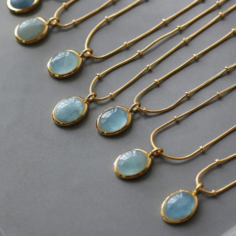 Stainless Steel 14k Gold Plated Aquamarine Necklace