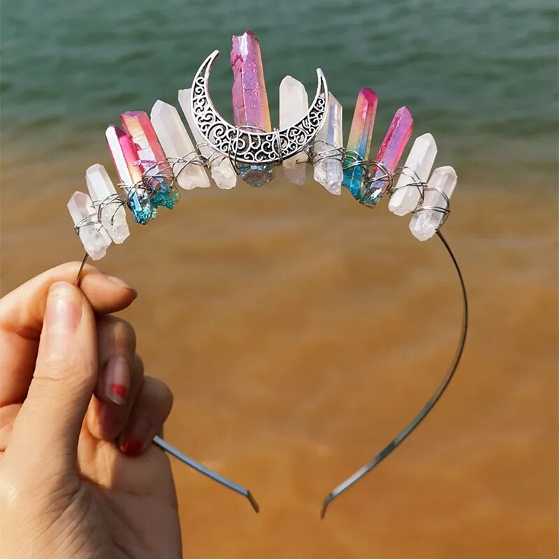 Natural Crystal Witch Crown Hair Accessories Multicolored Crystal Headwear Moon Bridal Headband Handmade Fashion Jewelry Gifts