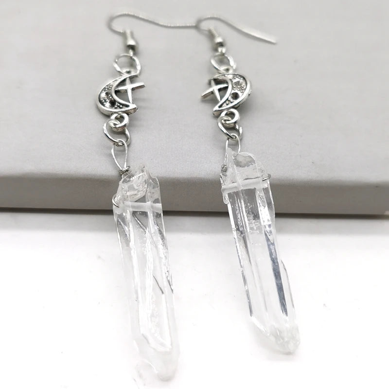 Gothic Clear Quartz Moon Earrings