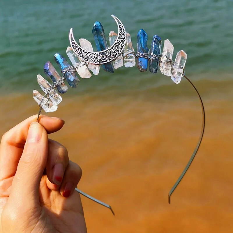 Natural Crystal Witch Crown Hair Accessories Multicolored Crystal Headwear Moon Bridal Headband Handmade Fashion Jewelry Gifts