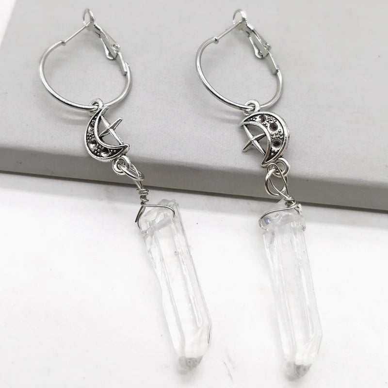 Gothic Clear Quartz Moon Earrings