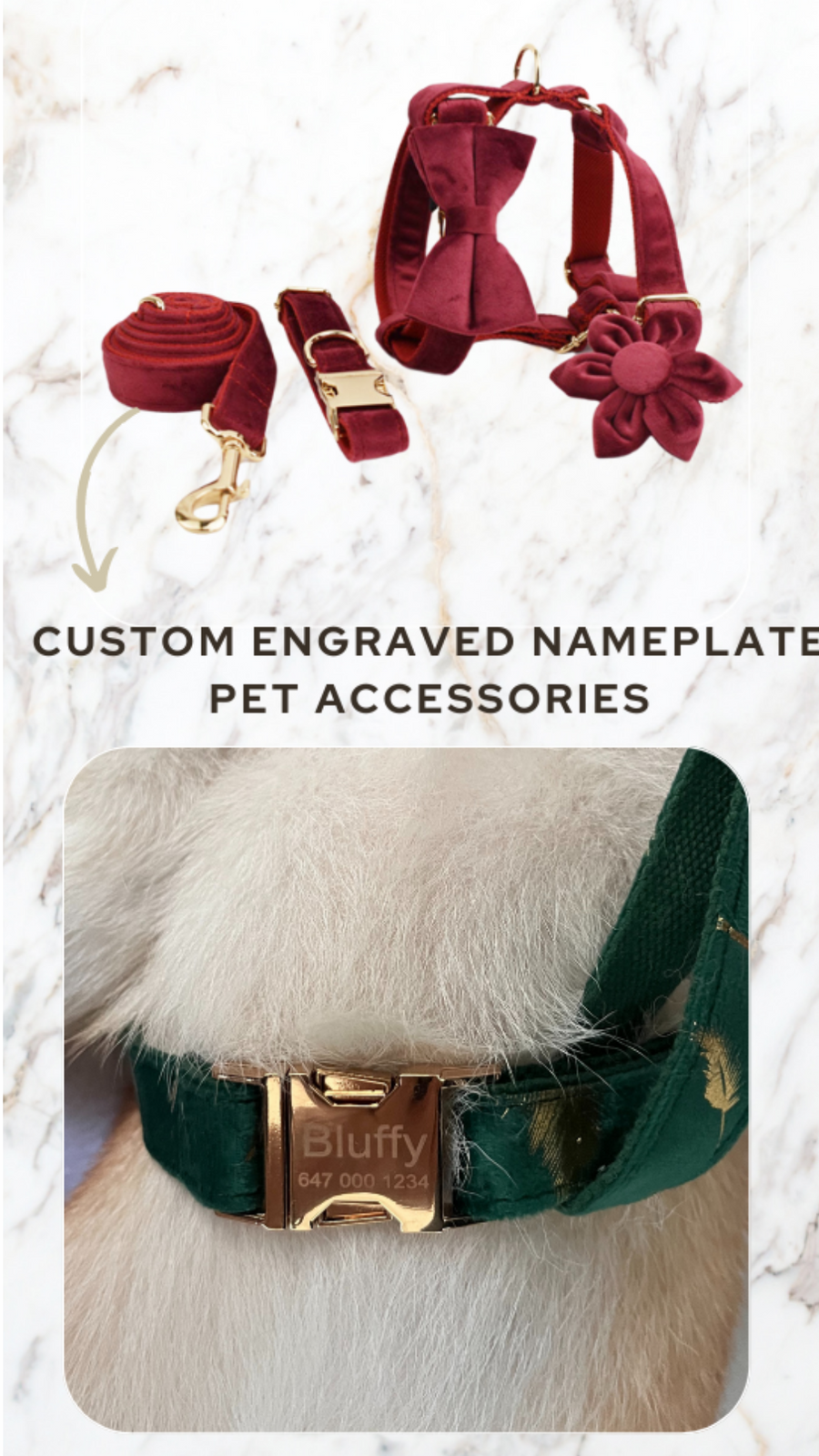 Elegant Red Velvet Pet Collar with Customizable Engraved Nameplate