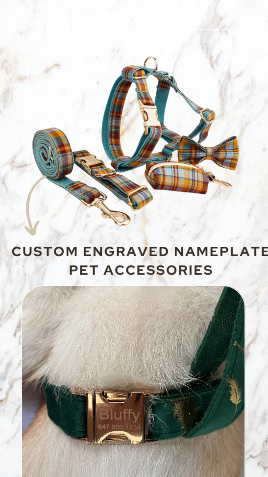 Plaid Velvet Pet Collar with Customizable Engraved Nameplate