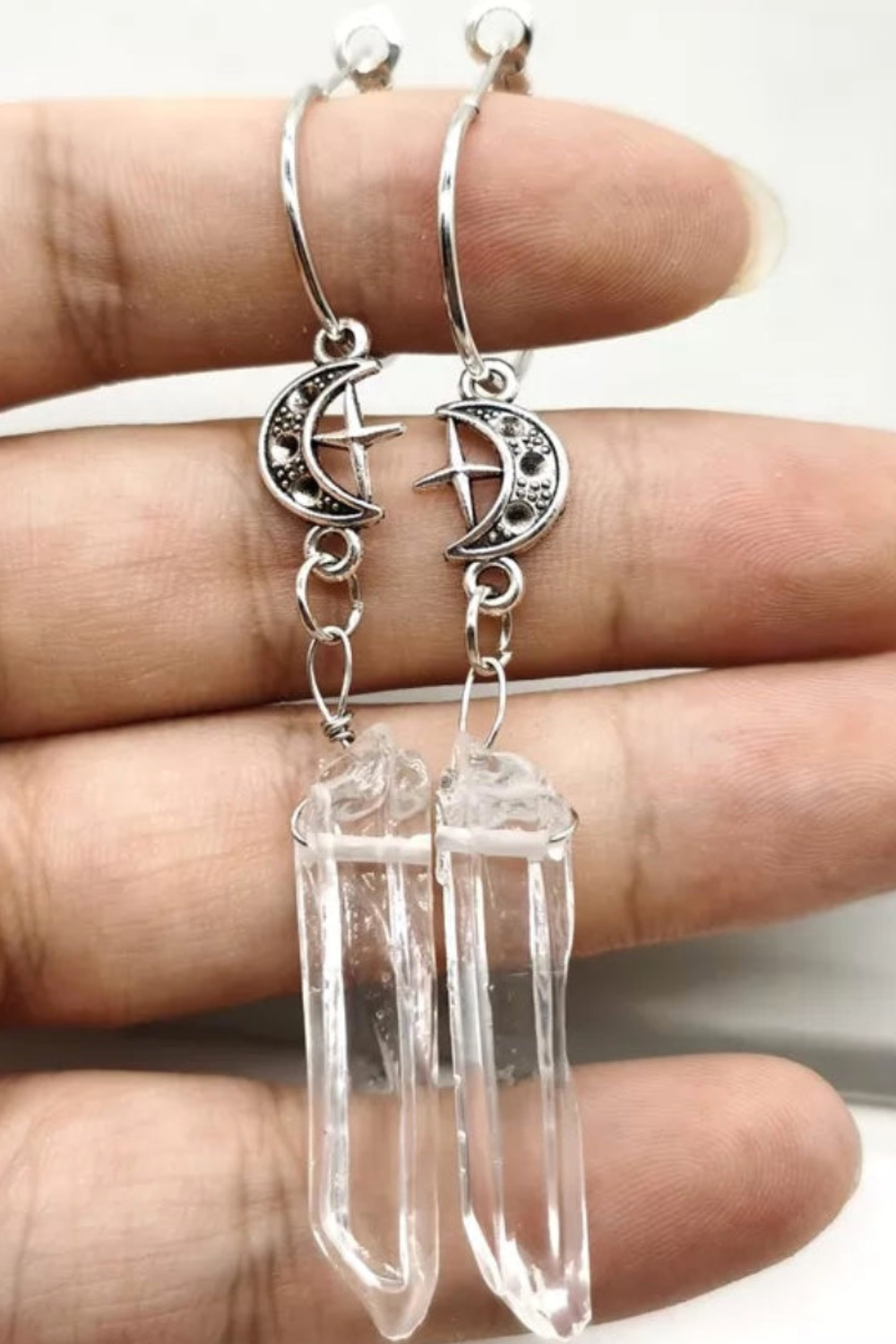 Gothic Clear Quartz Moon Earrings