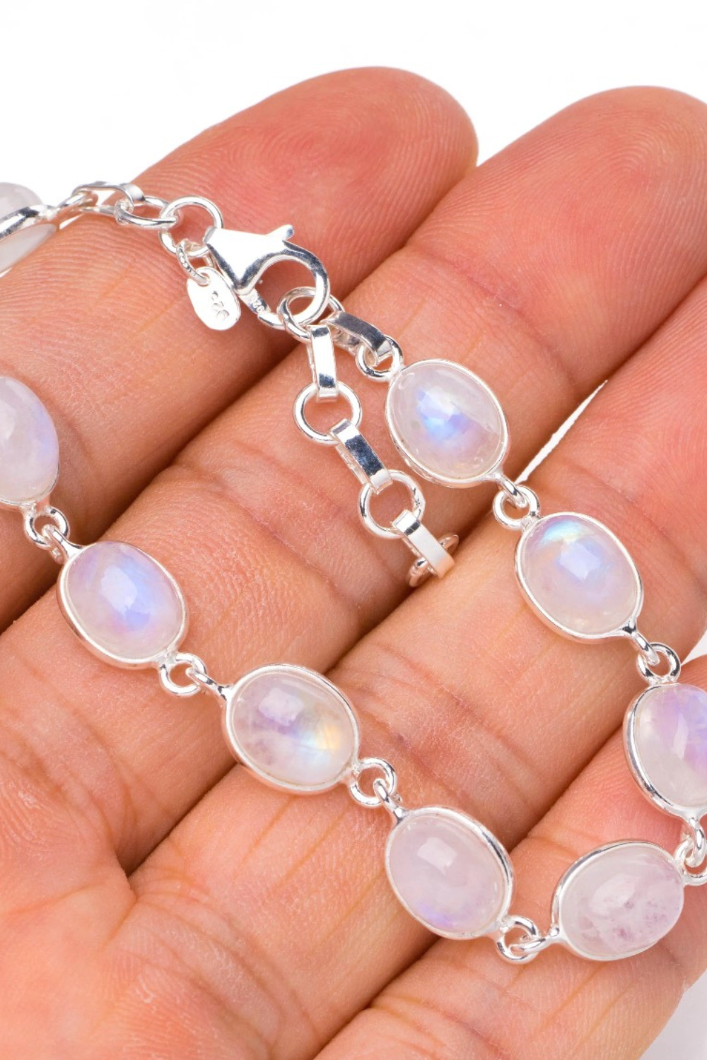 Natural Rainbow Moonstone 925 Sterling Silver Bracelet