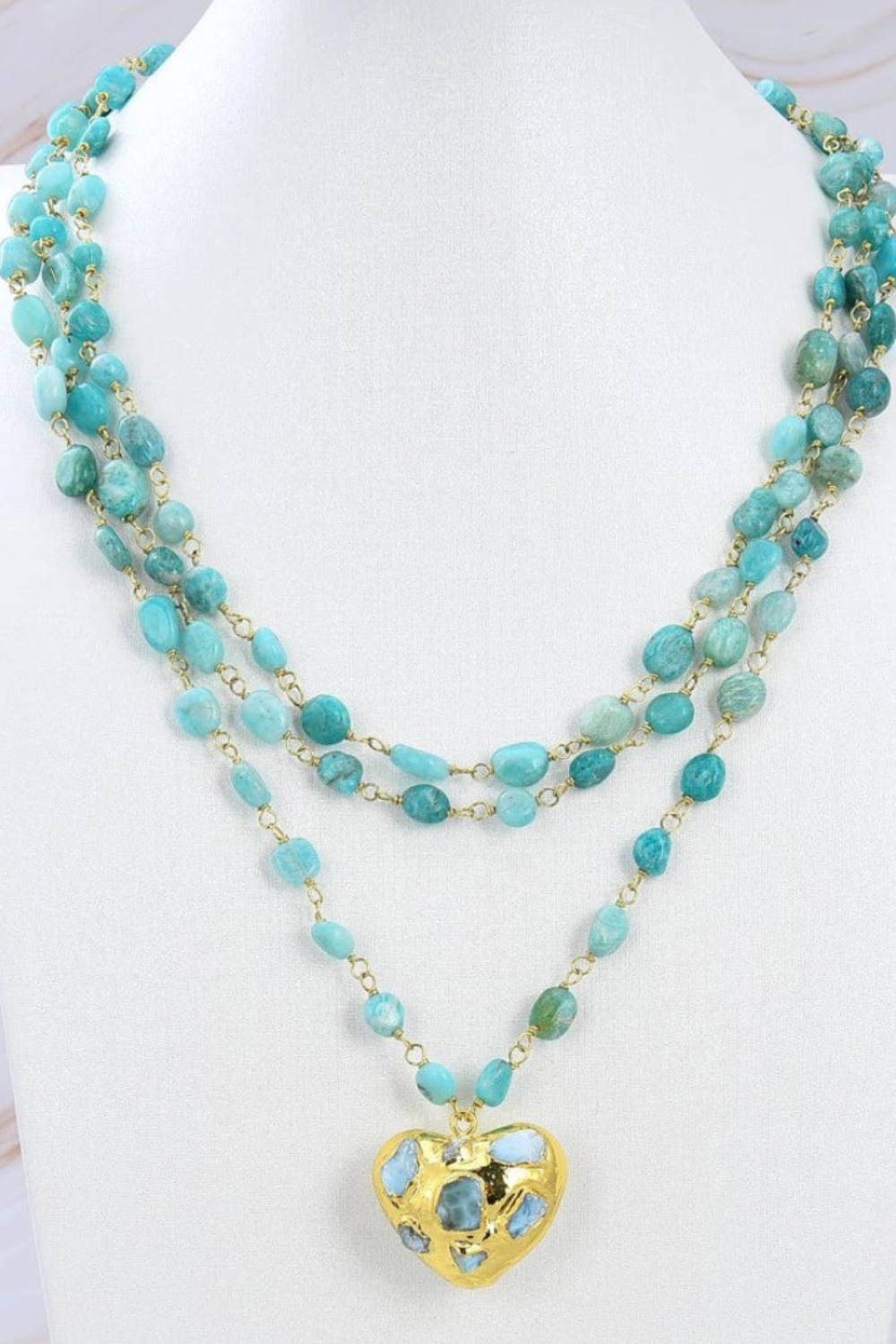 3 Strands Natural Peruvian Amazonite Heart Necklace