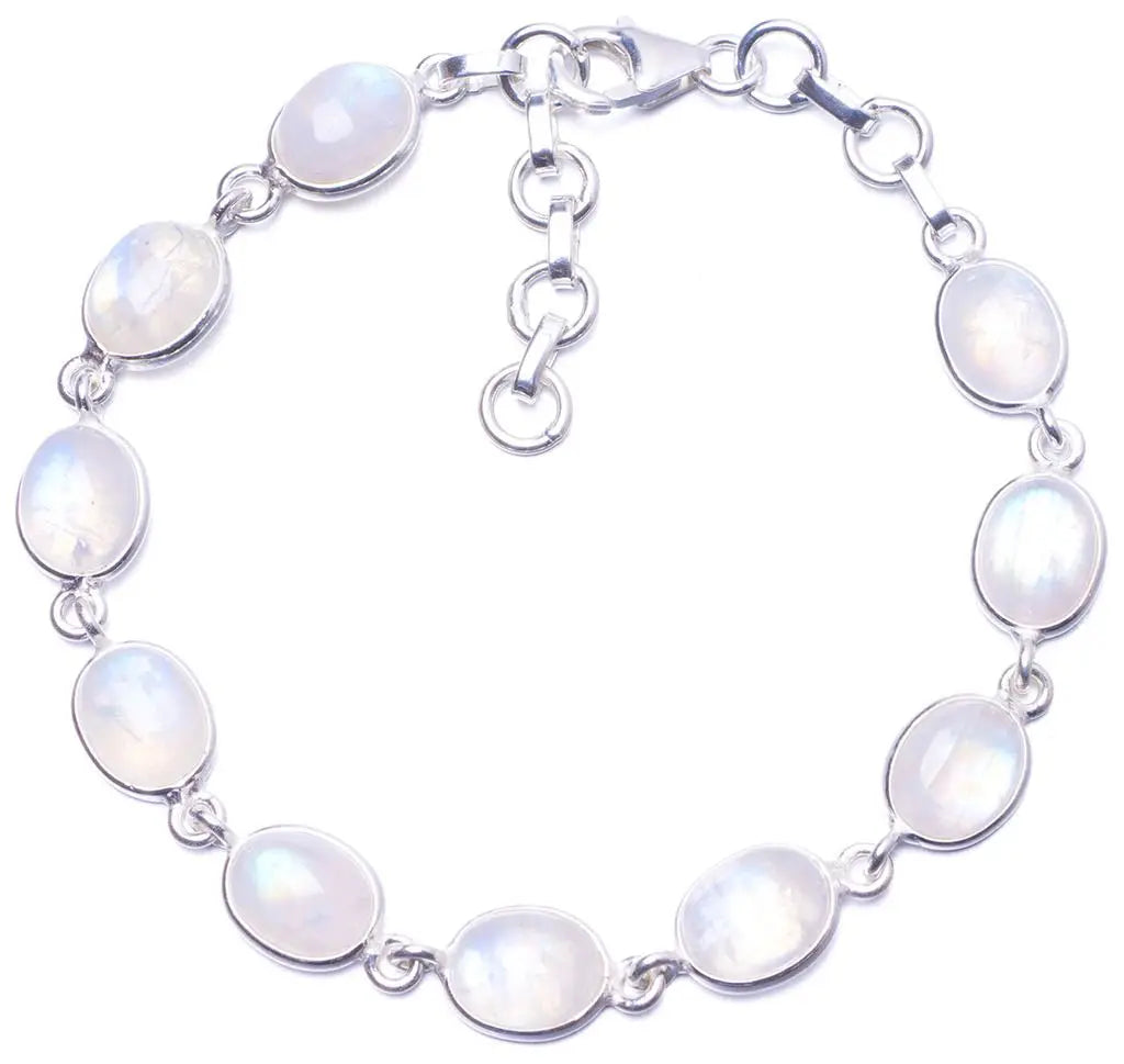 Natural Rainbow Moonstone 925 Sterling Silver Bracelet