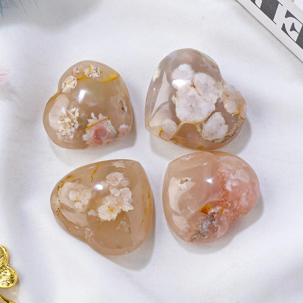 Natural Gemstone Cherry Blossom Agate Crystal Heart Decoration Palm Stone