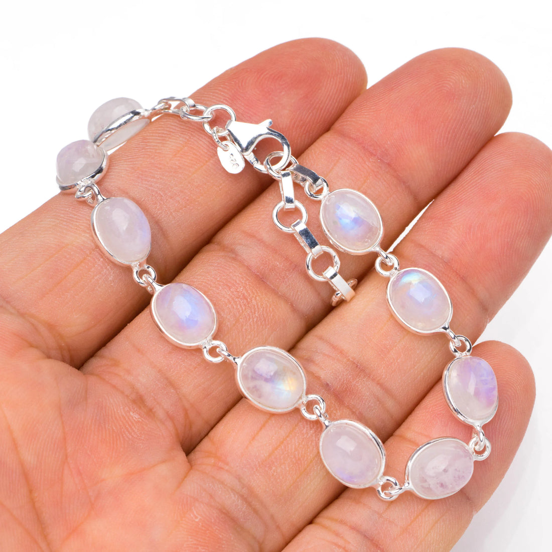 Natural Rainbow Moonstone 925 Sterling Silver Bracelet