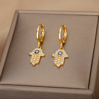 Zircon Turkish Eye Hand Drop Earrings For Women Stainless Steel